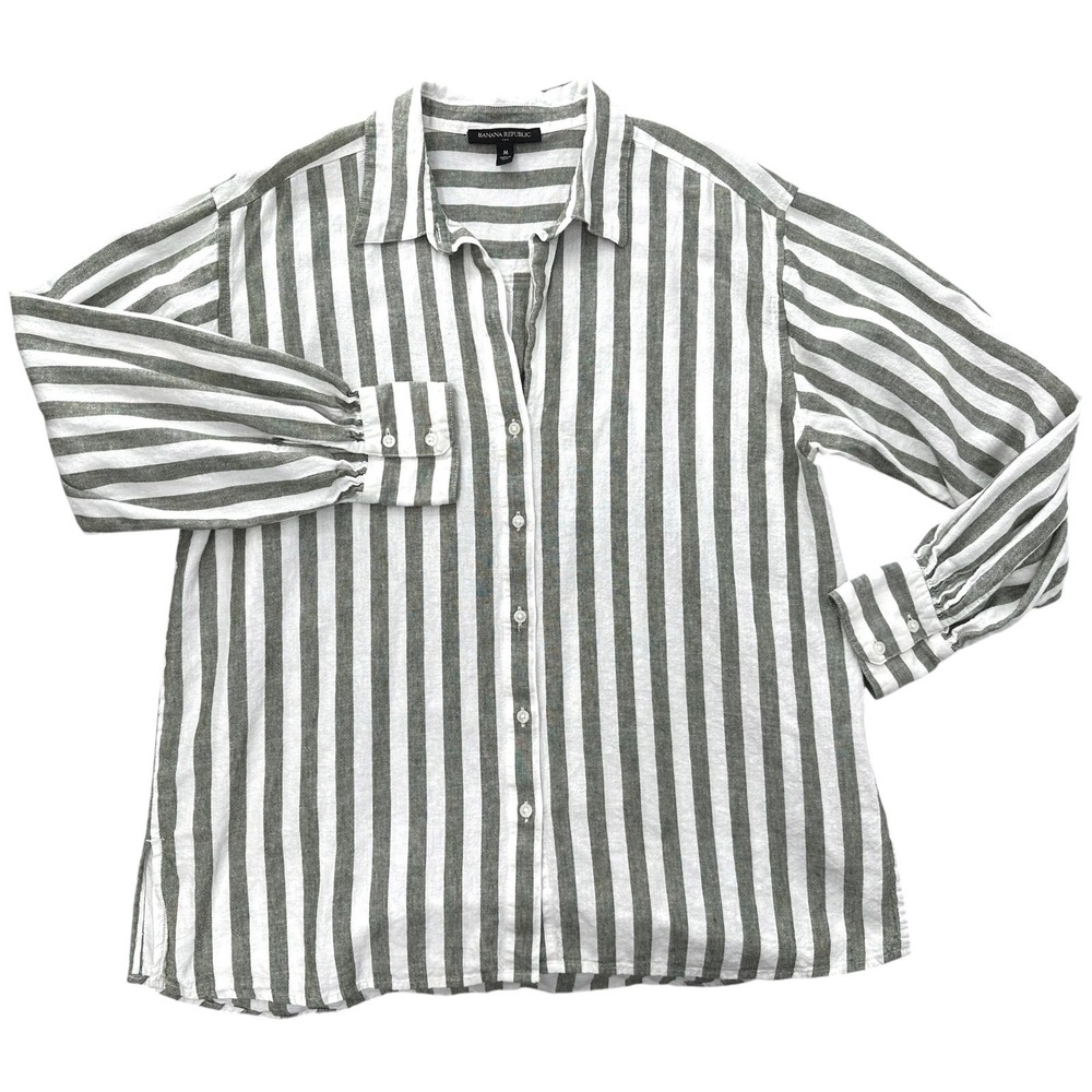 Banana Republic Button Front Shirt Linen Striped Olive Green Women's Medium